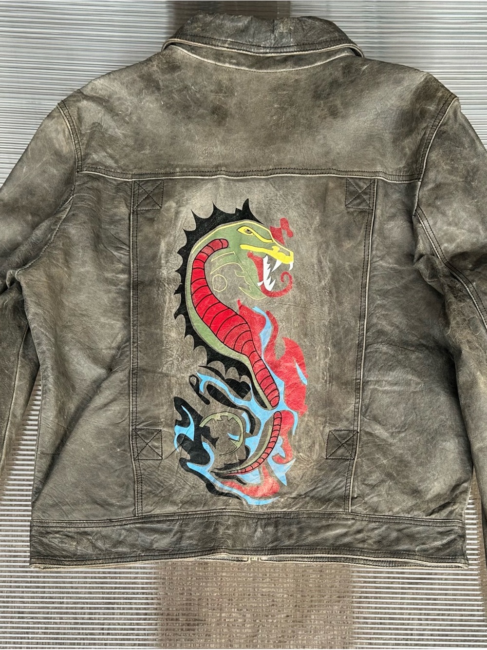 Vintage Scully Leather Jacket Large Custom Hand Painted Dragon Distressed Y2K